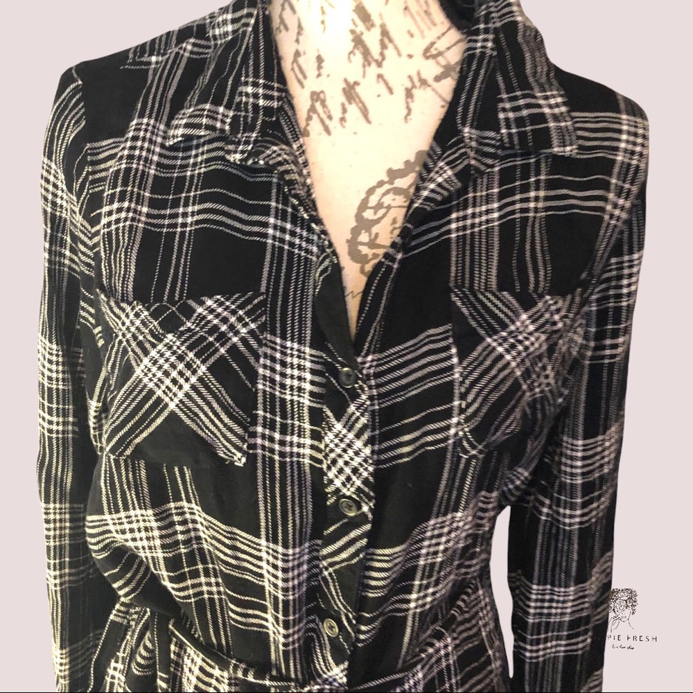 BeachLunchLounge Brand B&W Plaid Thin Flannel Long Sleeve Shirt Dress Size L - Picture 3 of 9